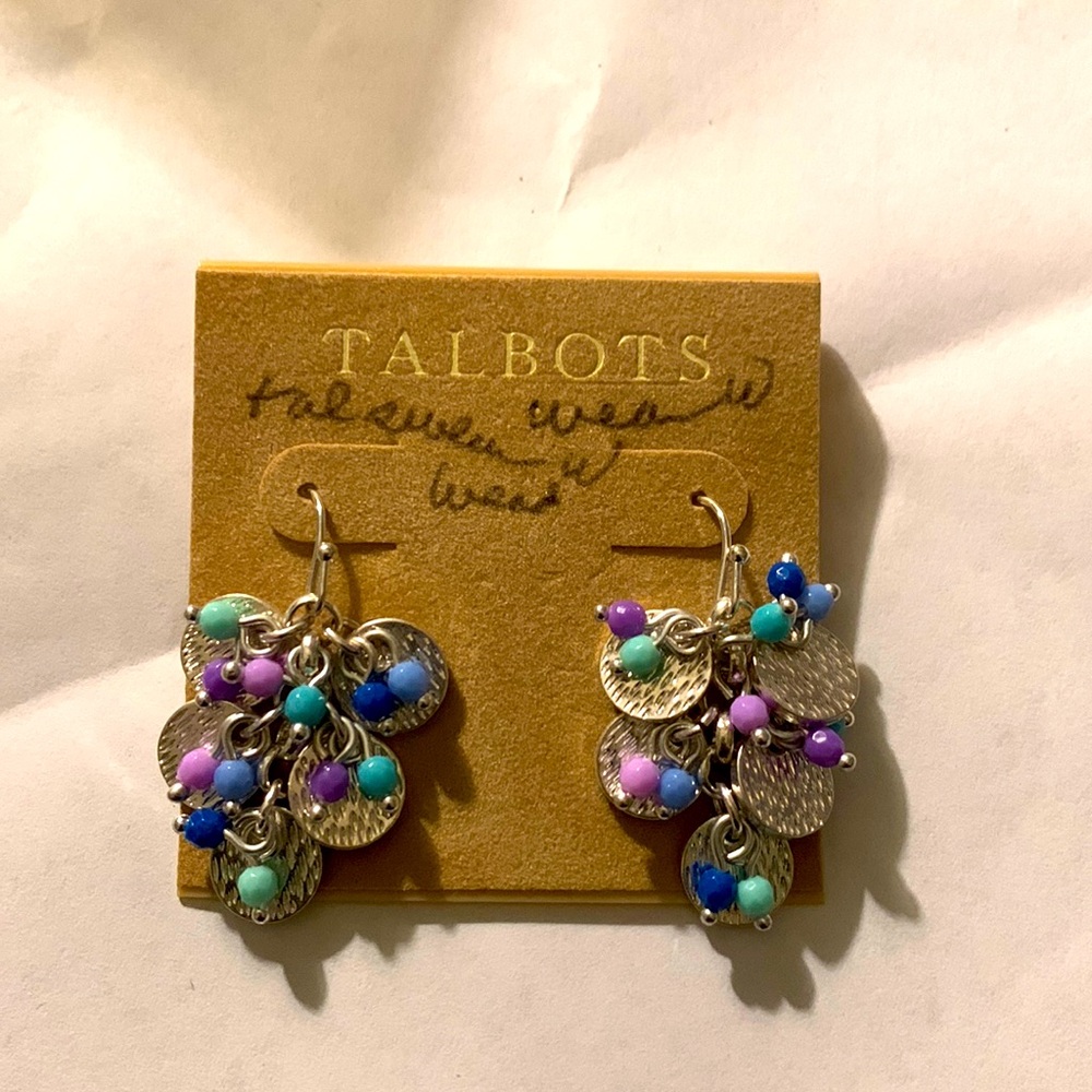 Silver blue lavender, green turquoise, hanging earrings beaded Talbots